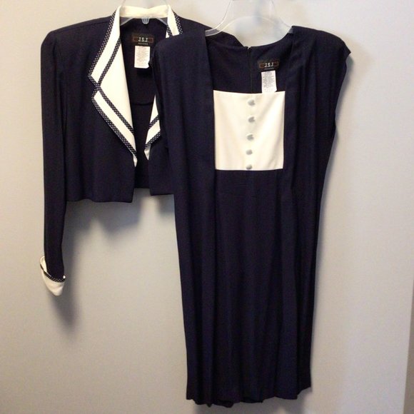 J.S.J. Petites Navy Blue sleeveless dress w/matching jacket w/white trim - Picture 2 of 11